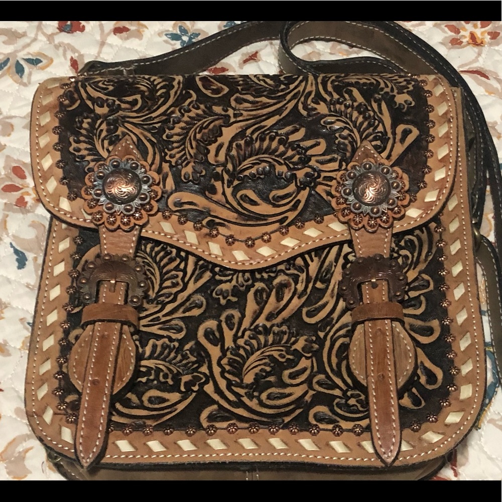 Tooled leather crossbody concealed carry purse